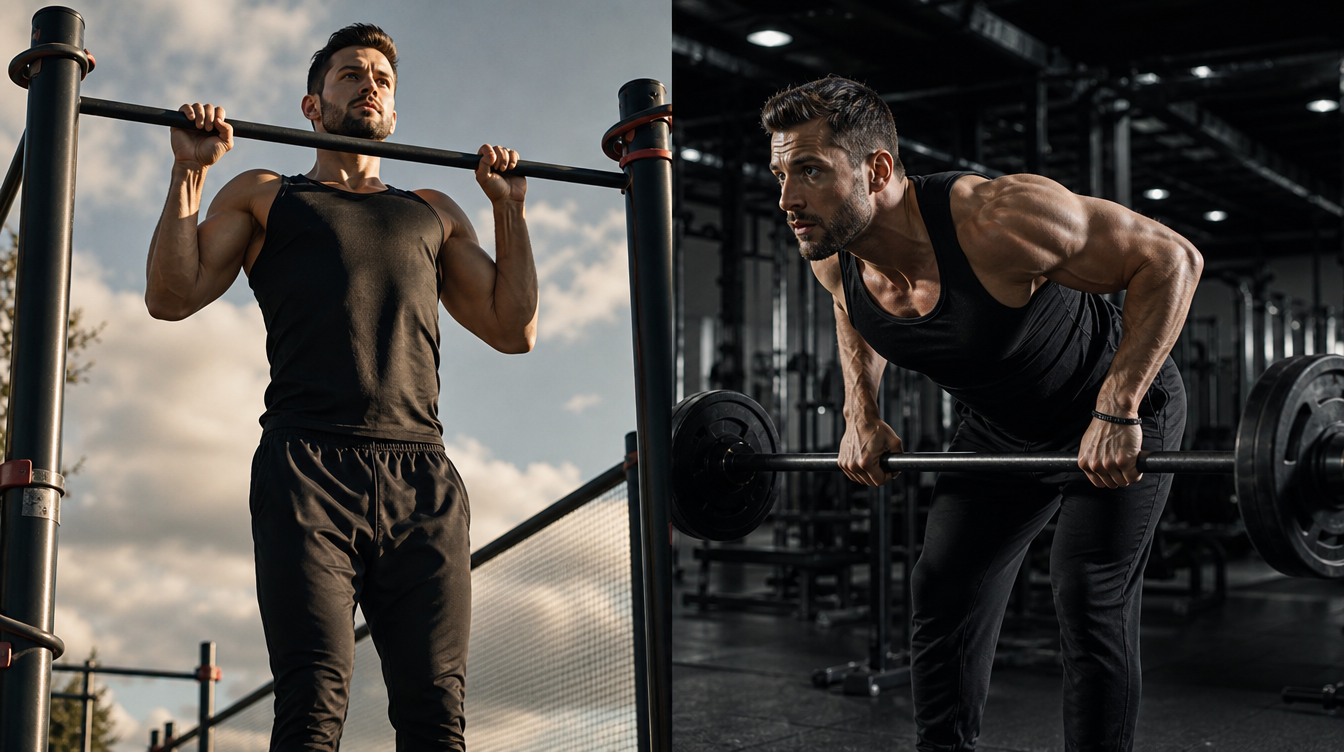 Split image comparing a calisthenics pull-up on an outdoor bar with a barbell row in a gym