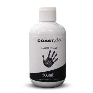 A 200mL bottle of Coast Cali liquid chalk with a white label and a black handprint design.