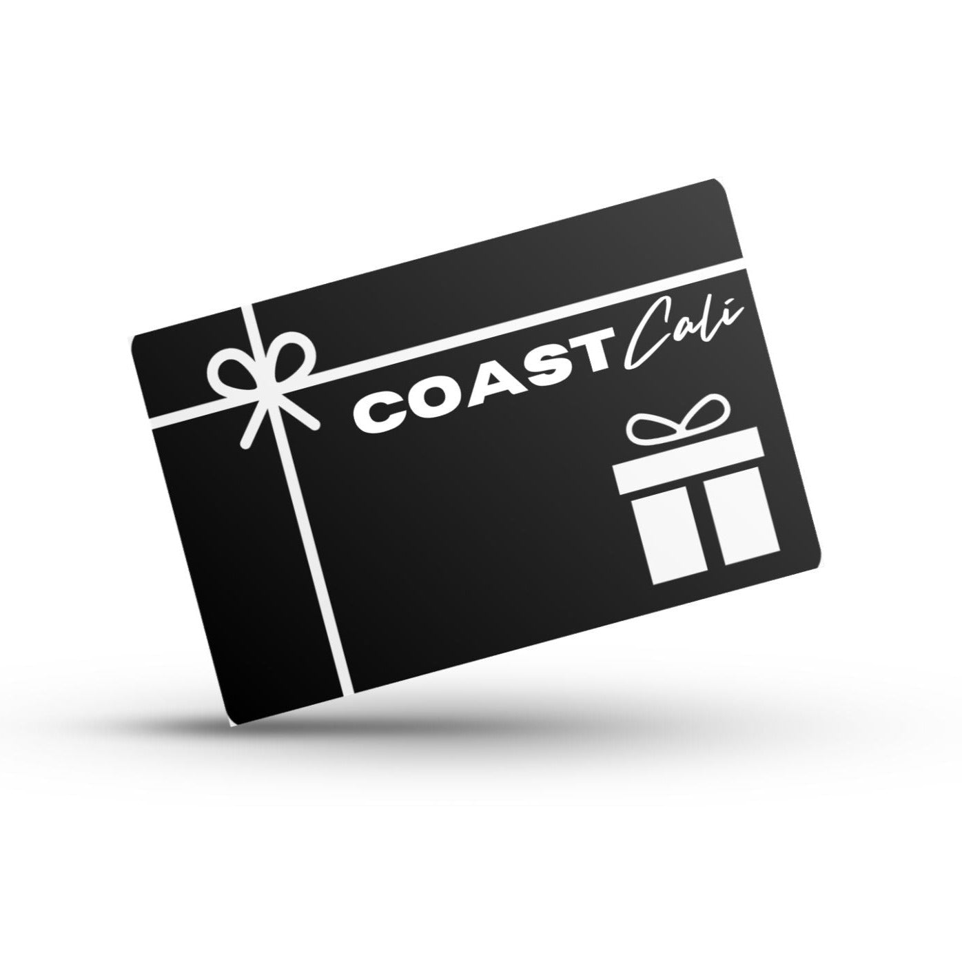 A black gift card with the logo 'COAST Cali' displayed at the top, featuring a white ribbon graphic on the left and a stylized present design on the right, set against a white background.