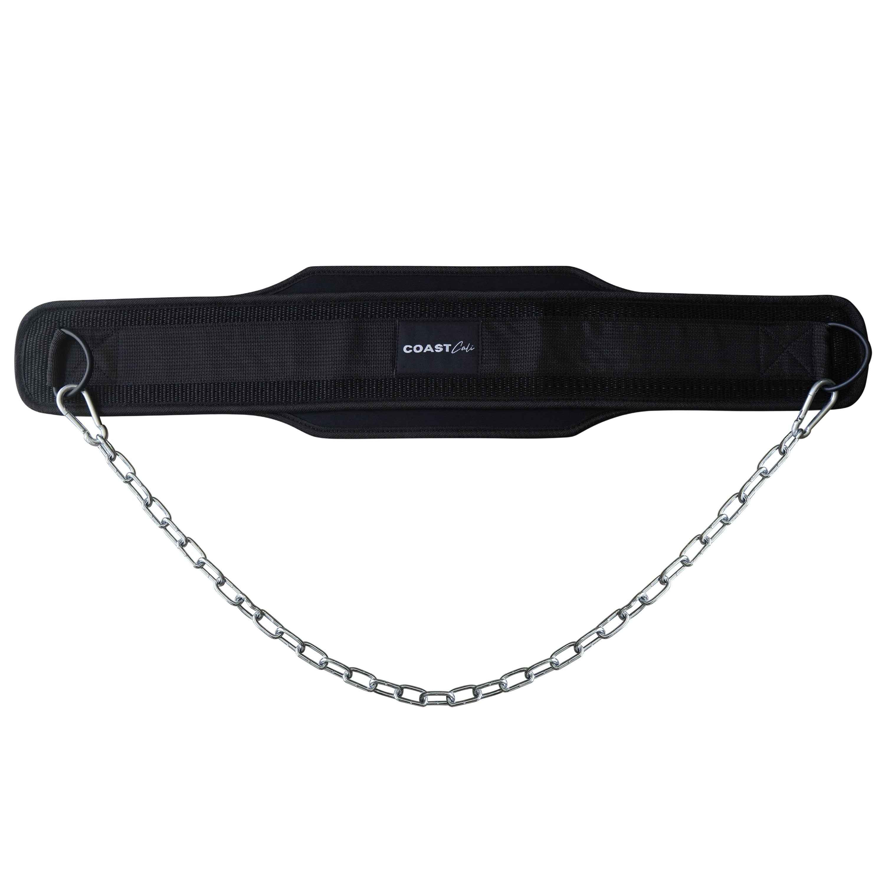 A black dip belt with a metal chain attached to it, designed for bodyweight exercises.