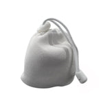 A white chalk ball with a drawstring, designed for use in weightlifting, rock climbing, and gymnastics to enhance grip.