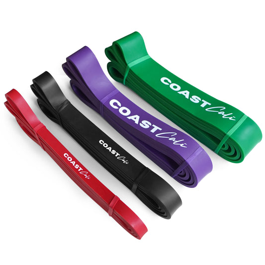 A set of 4 calisthenics resistance bands with white background and 'Coast Cali' logo