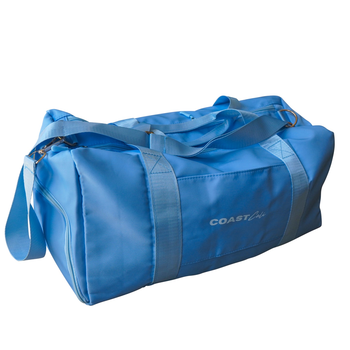 A blue duffle bag with the text 'COAST CALI' on the side, featuring a shoulder strap and carry handles.