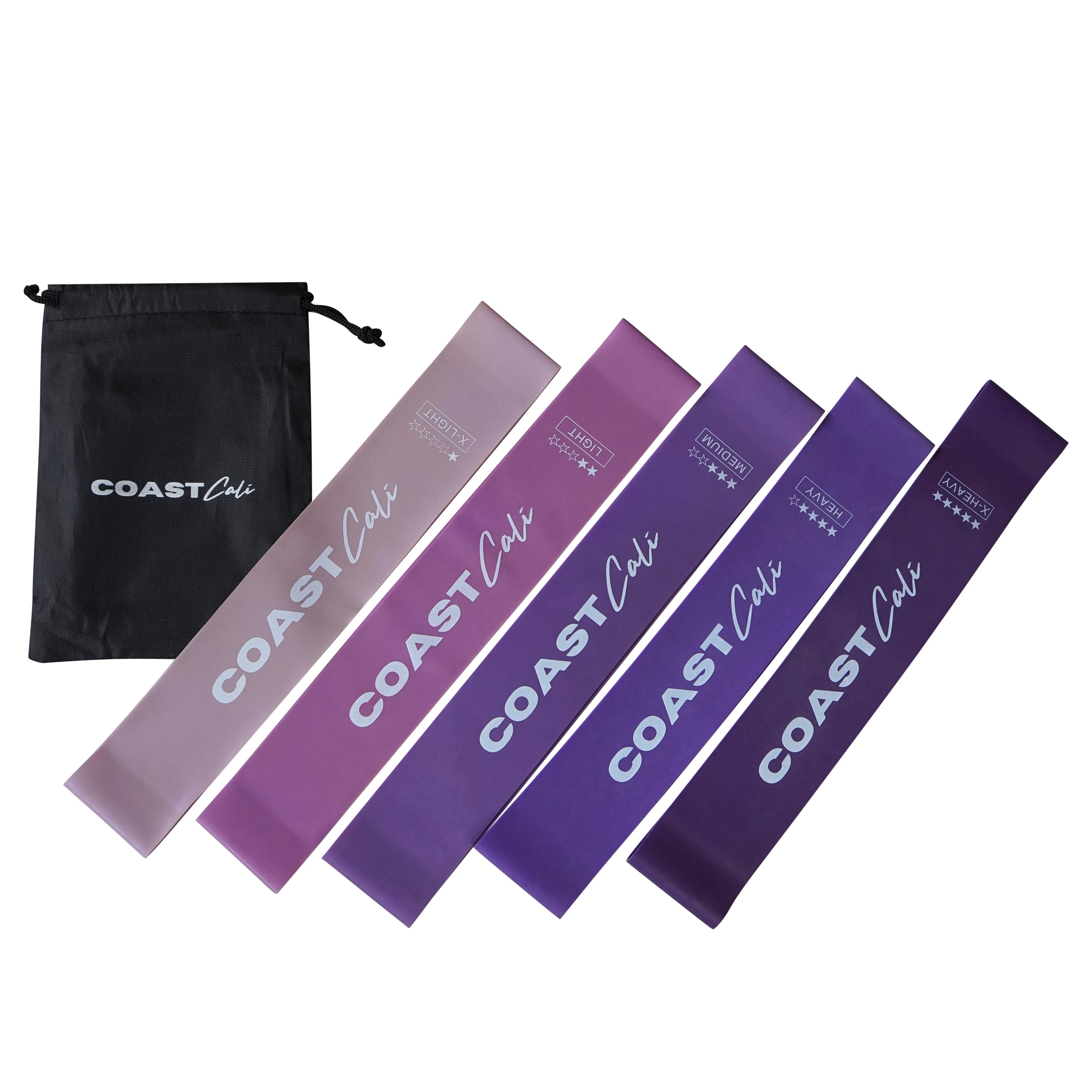A set of purple mini resistance bands with varying resistance levels, labeled with the brand name 'COAST Cali', along with a black carrying pouch.