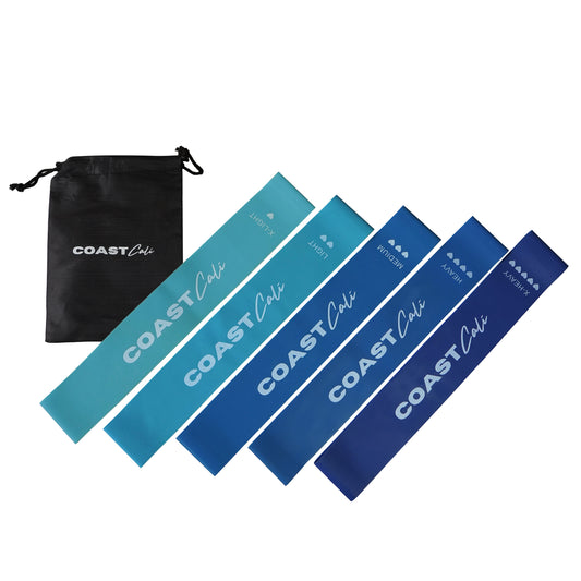 A set of blue mini resistance bands with varying resistance levels, labeled with the brand name 'COAST Cali', along with a black carrying pouch.