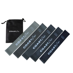 A set of grey mini resistance bands with varying resistance levels, labeled with the brand name 'COAST Cali', along with a black carrying pouch.