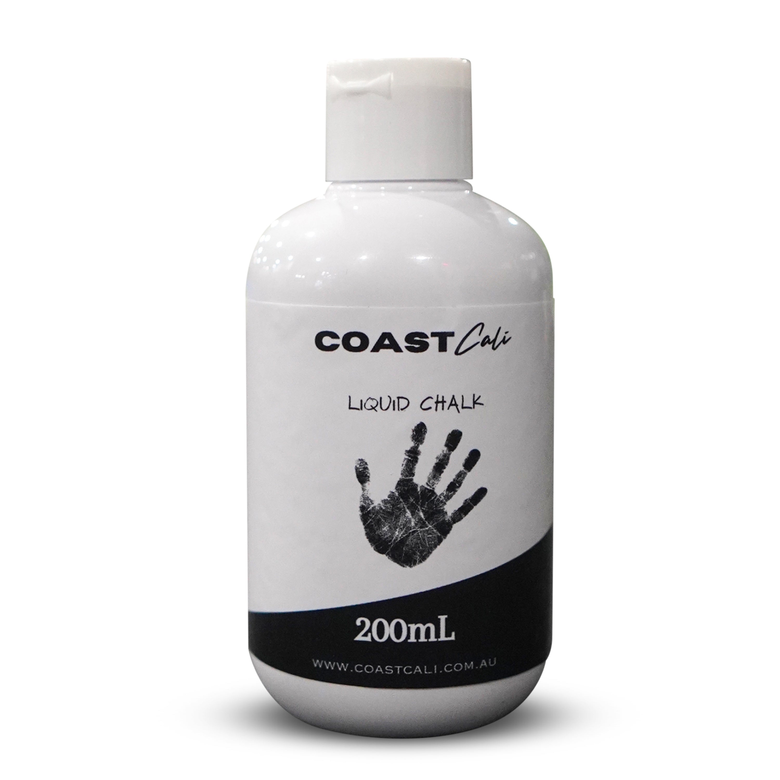 A 200mL bottle of Coast Cali liquid chalk with a white label and a black handprint design.