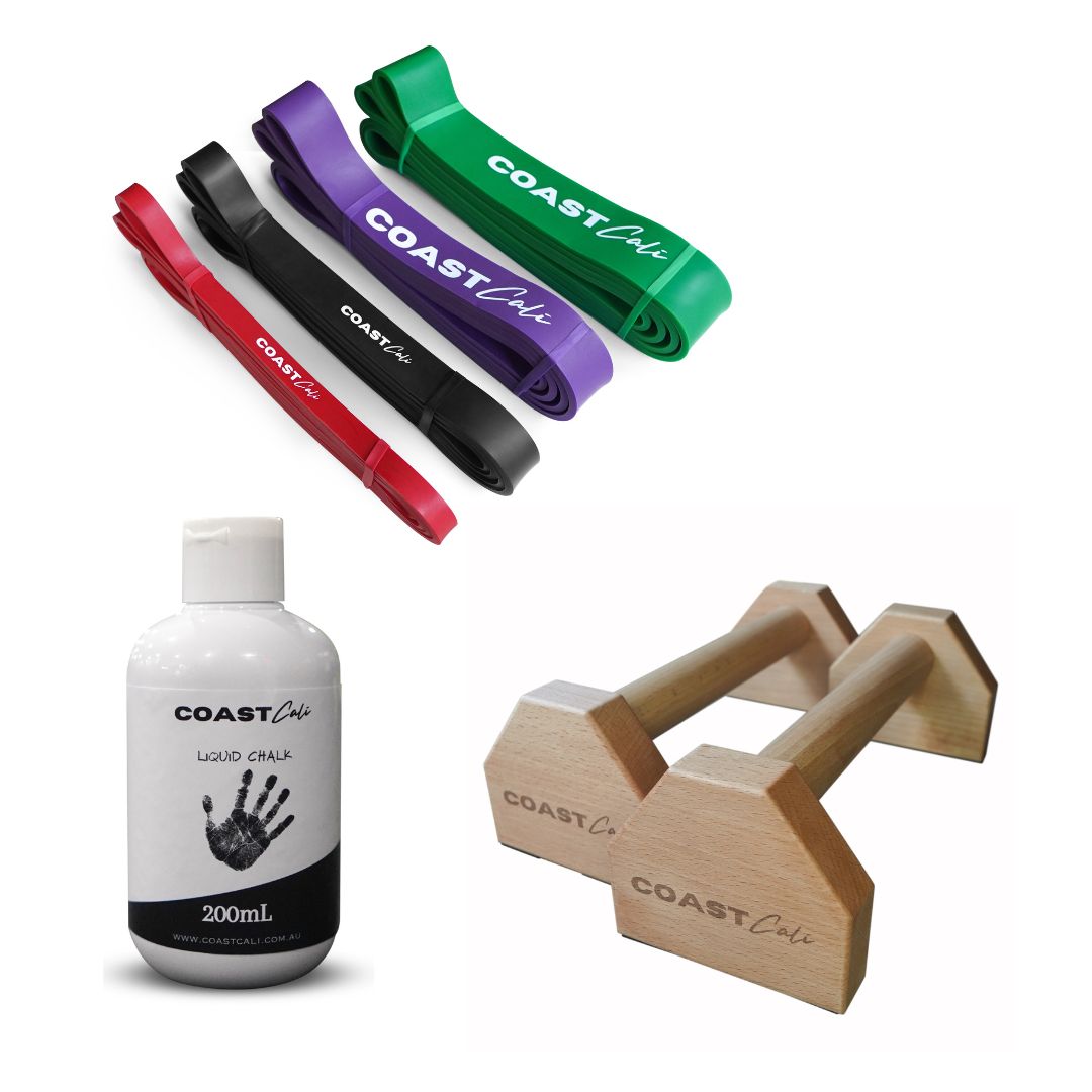 A set of 4 calisthenics resistance bands, parallettes and liquid chalk on white background.