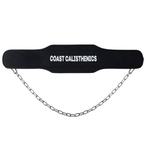 A black dip belt with a metal chain attached to it with the company name 'coast calisthenics', designed for bodyweight exercises