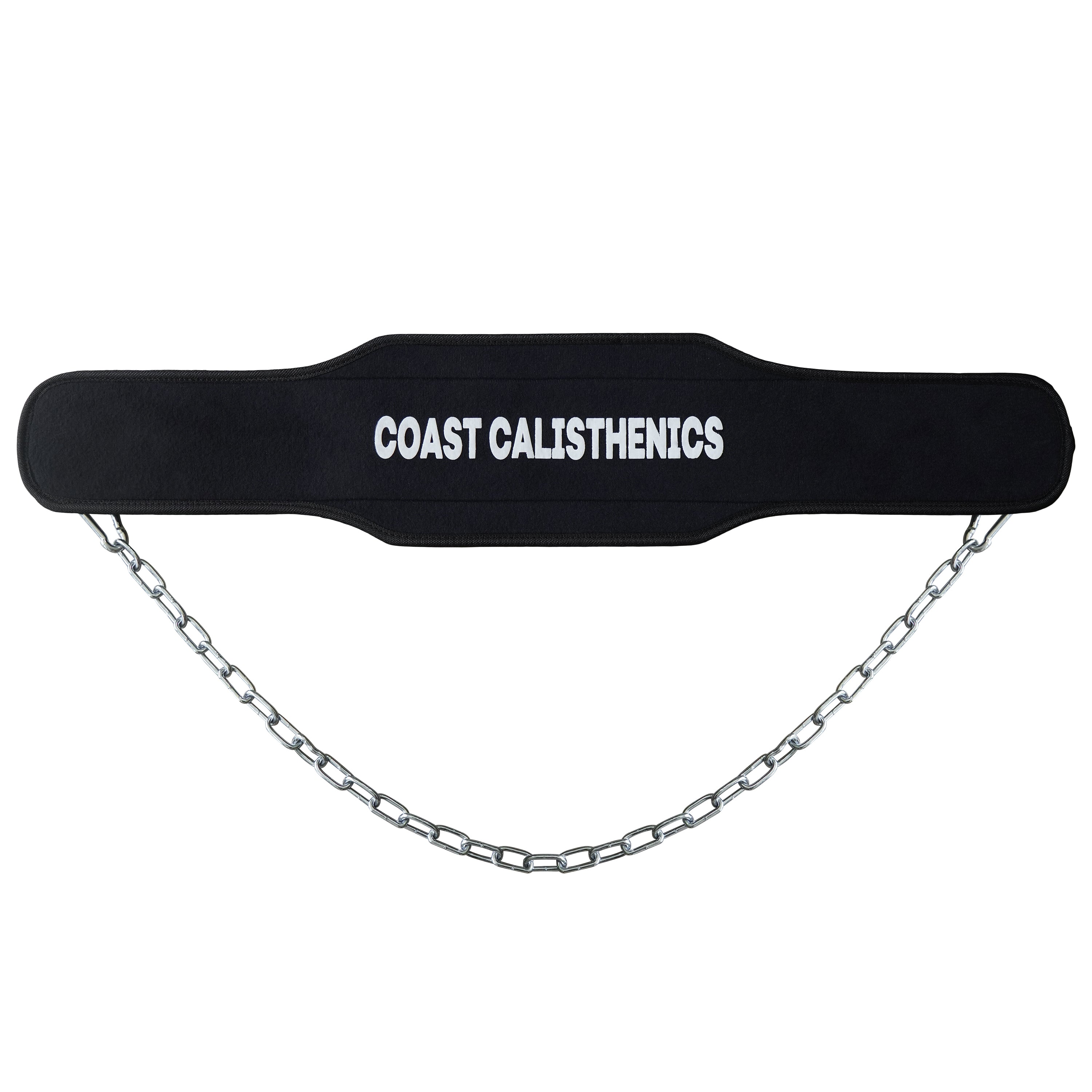 A black dip belt with a metal chain attached to it with the company name 'coast calisthenics', designed for bodyweight exercises