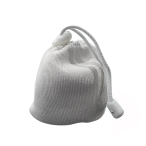 A white chalk ball with a drawstring, designed for use in weightlifting, rock climbing, and gymnastics to enhance grip.
