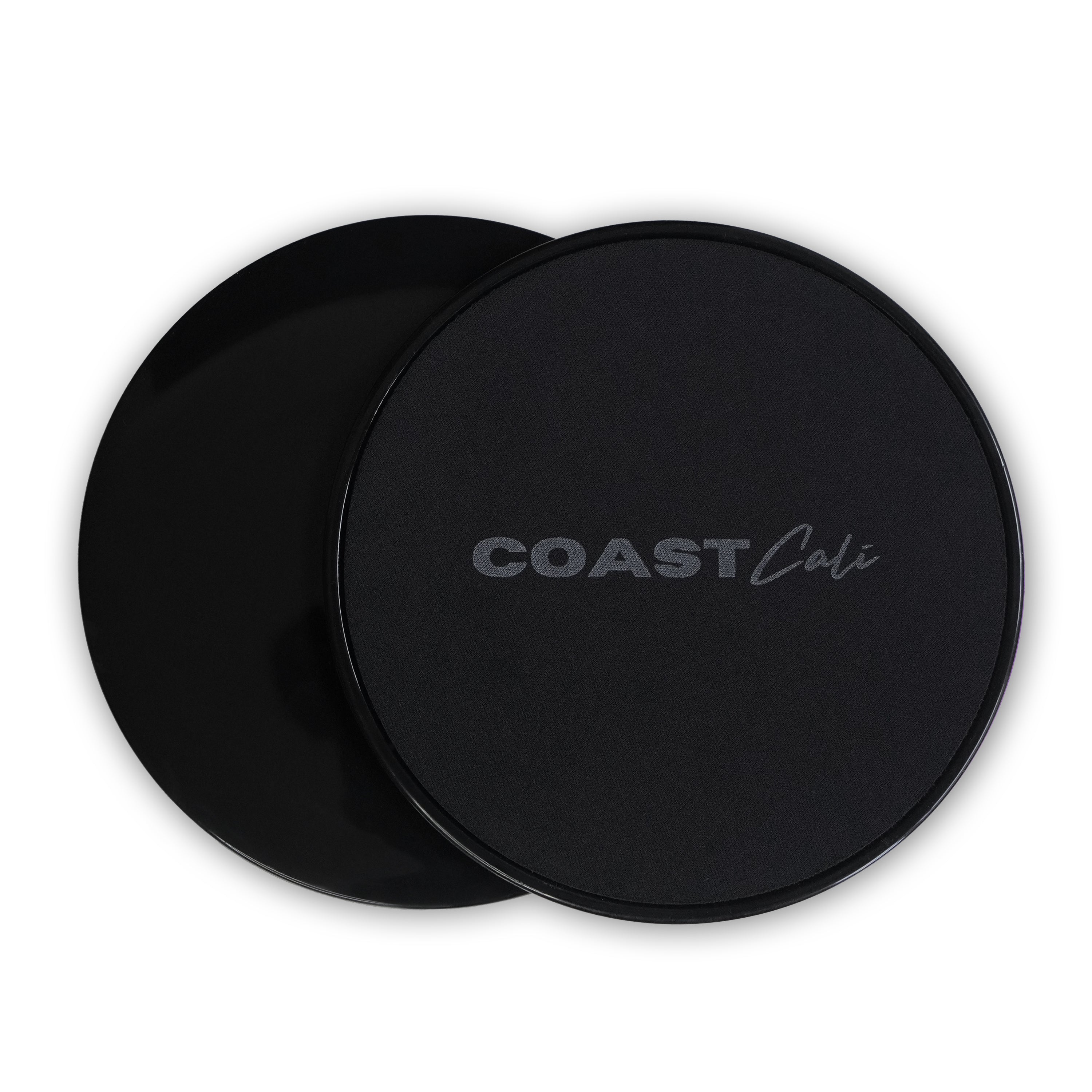 Two black gymnastics sliders with the logo 'COAST Cali' on the top surface.