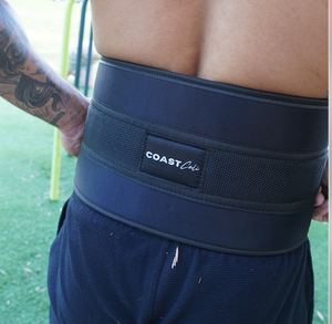 A close up of the rear support of a dip belt with the logo 'Coast Cali'