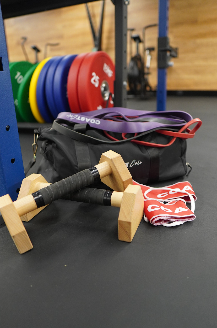 Calisthenics equipment, parallettes, wrist wraps, duffle bag, resistance bands