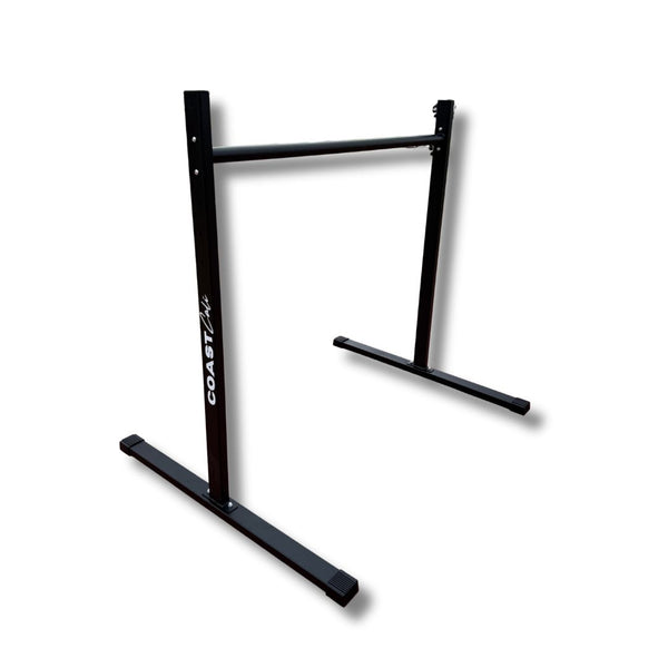 A black static bar used for calisthenics with Coast Cali logo on the vertical support.