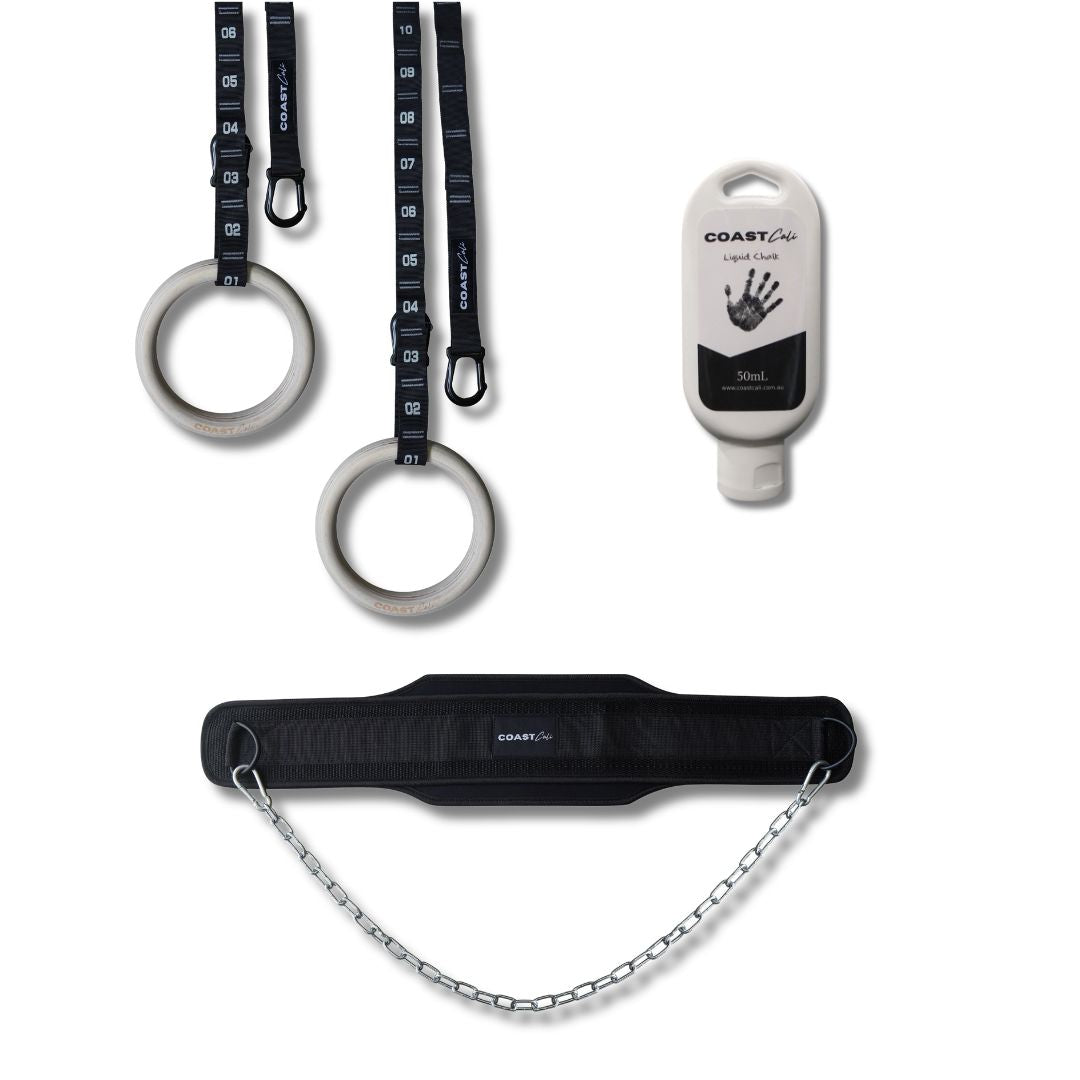 Set of gym equipment including rings, liquid chalk, and a belt with chain on a white background.