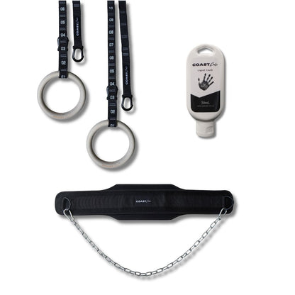 Set of gym equipment including rings, liquid chalk, and a belt with chain on a white background.